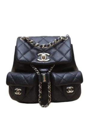 CHANEL 25P Duma Drawstring Flap Backpack with Two Pockets, Small Size, 18cm, Black, Chip, Gold Hardware