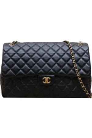 CHANEL Black 24K CF Flap Bag with Laser Label, Gold Hardware, XXL Checkered Airport Bag, Chip