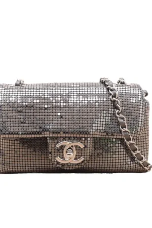 CHANEL Silver Sequins, Chip, Sliver Hardware, Metallic, Mesh, Large Mini Shoulder Bag