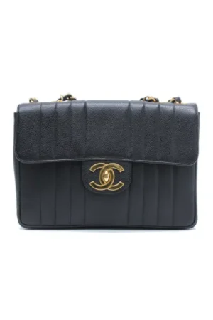 CHANEL Vintage Black Calfskin Vertical Striped Beckham Bag 30, Black, 1994